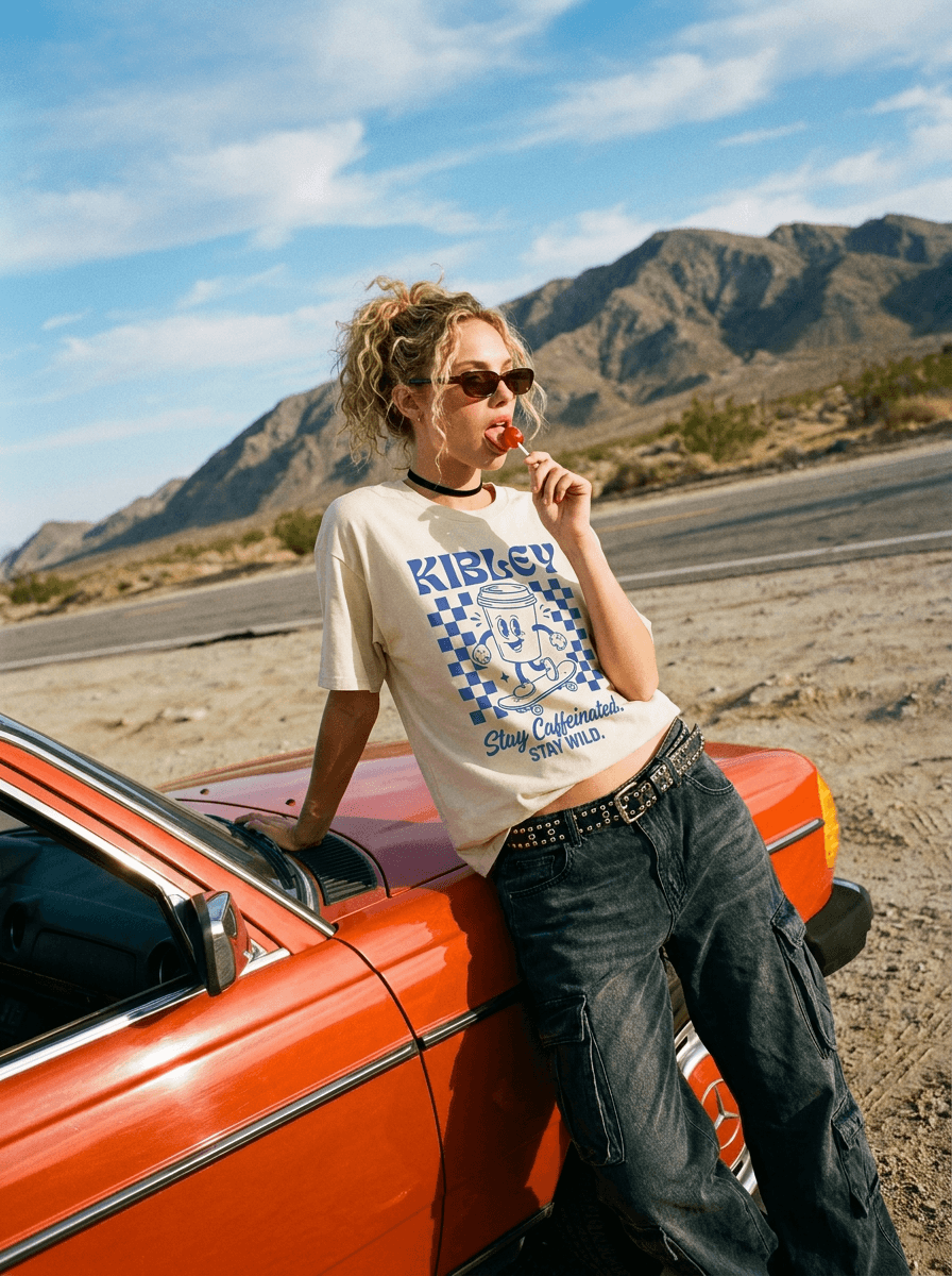 The Kibley T-shirt worn beside a car in the desert