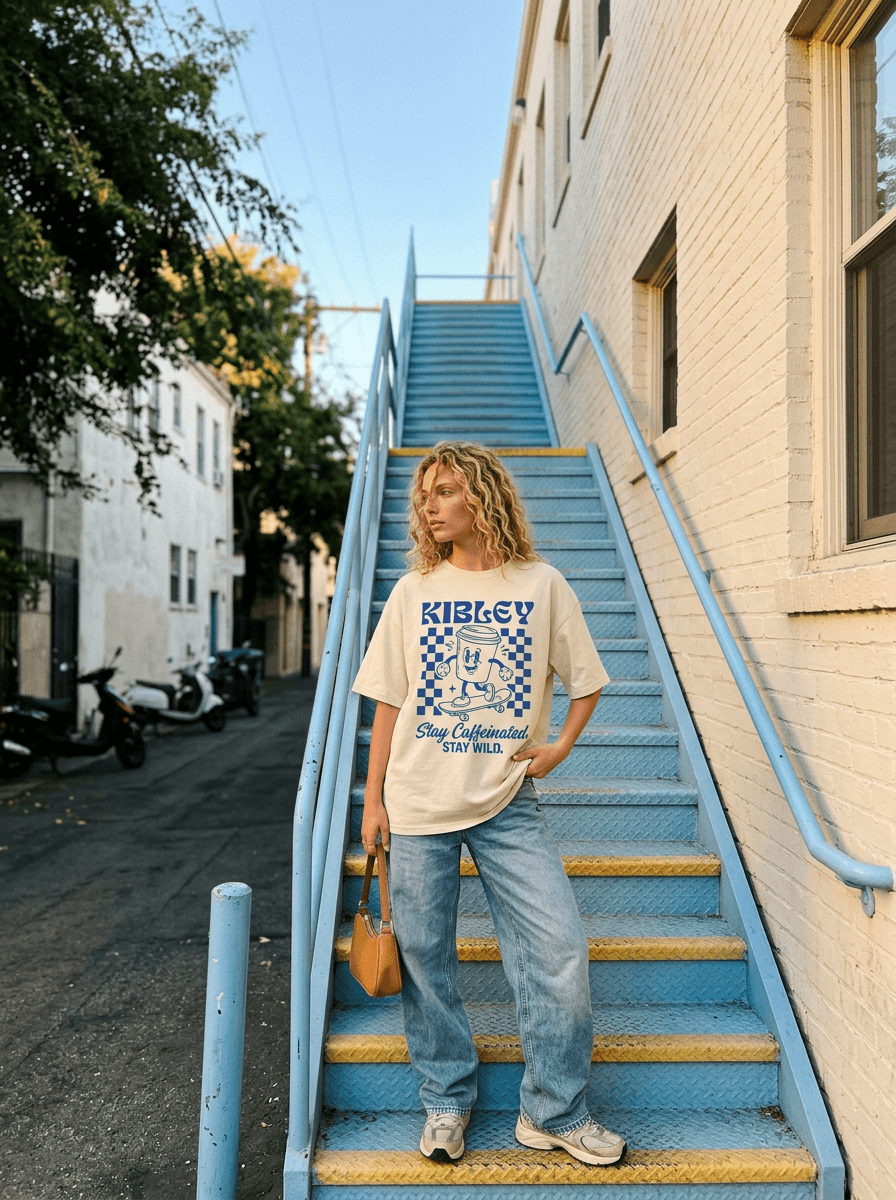 A natural outdoor stairs photo featuring the Kibley T-shirt