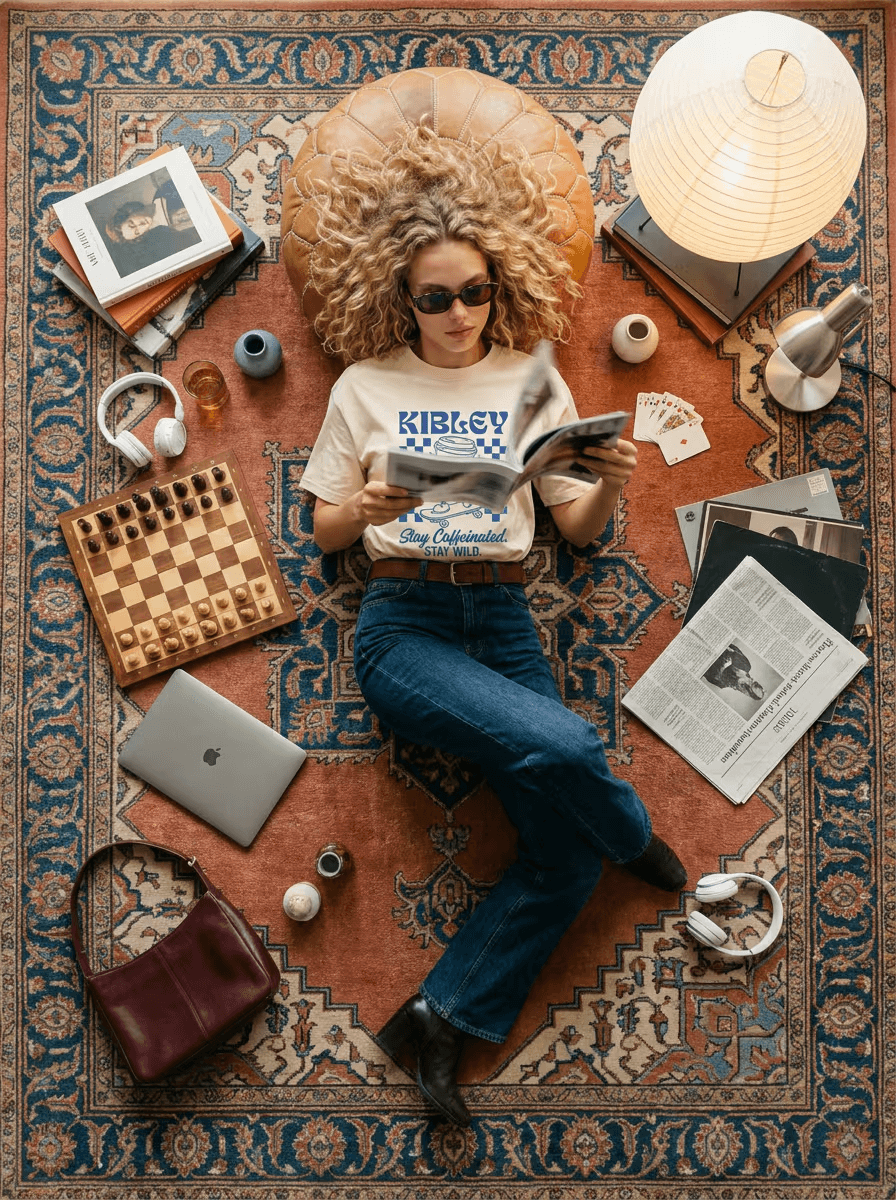 An overhead lifestyle photo featuring the Kibley T-shirt